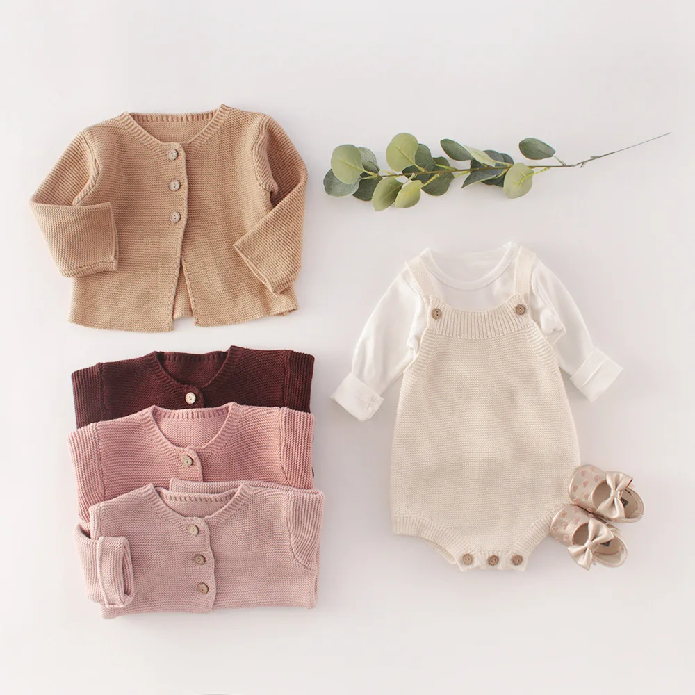 INS Baby Knitwear Clothes 0-2Years Newborn Boy Girl Solid Color Long Sleeve Knitted Cardigan Sweater Bodysuit Jumpsuit Outfits