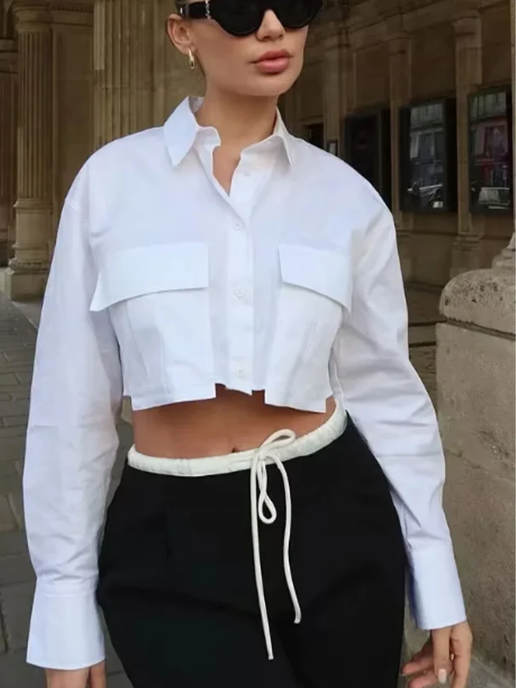 

Женская однотонная белая блузка SLTNX 2026 с длинным рукавом и карманом, повседневная свободная элегантная рубашка для офиса, базовая универсальная модель