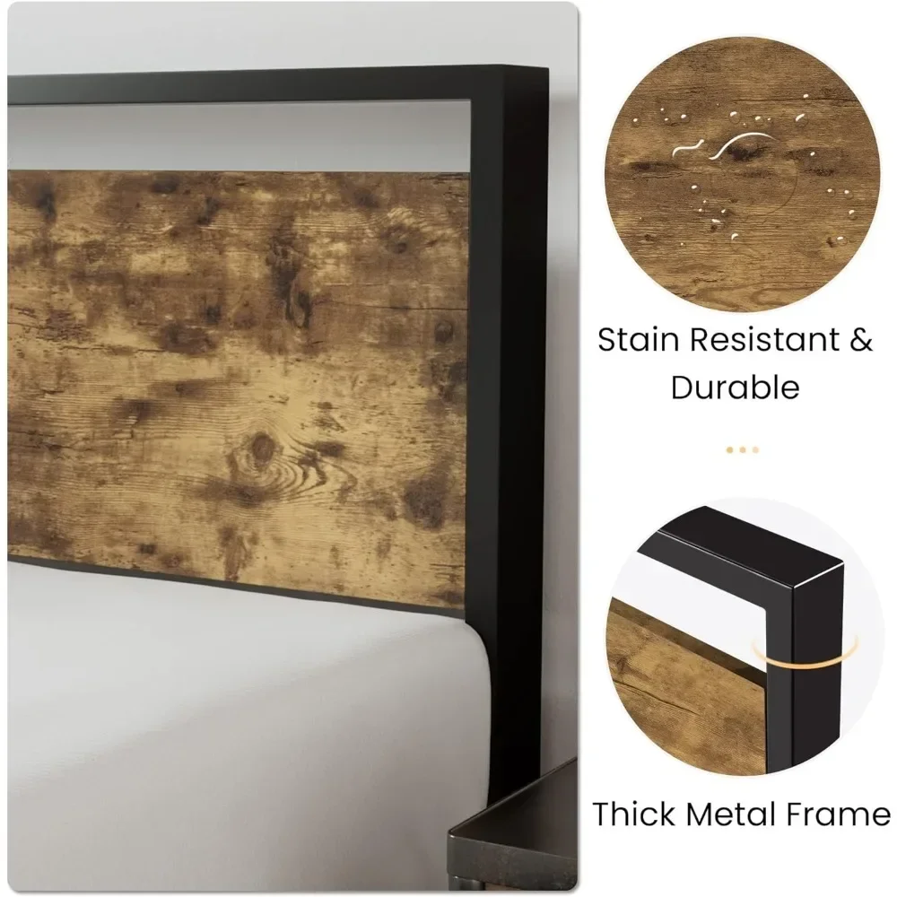 Bed Frame, Wooden Headboard, Heavy Duty Metal Platform No Box Spring Needed, Easy Assembly, Rustic Bed Frame