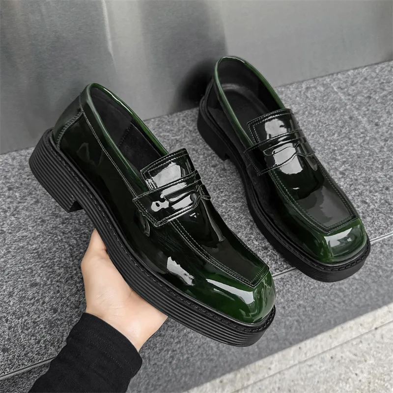 

Мужская мода, свадебная вечеринка, лакированные туфли, туфли без шнуровки на платформе, дизайнерские лоферы с квадратным носком, дышащая стильная мужская обувь