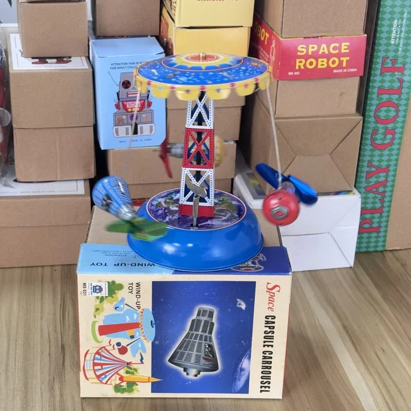 [Funny] Adult Collection Retro Wind up toy Metal Tin amusement park space capsule carrousel Clockwork toy model vintage toy gift