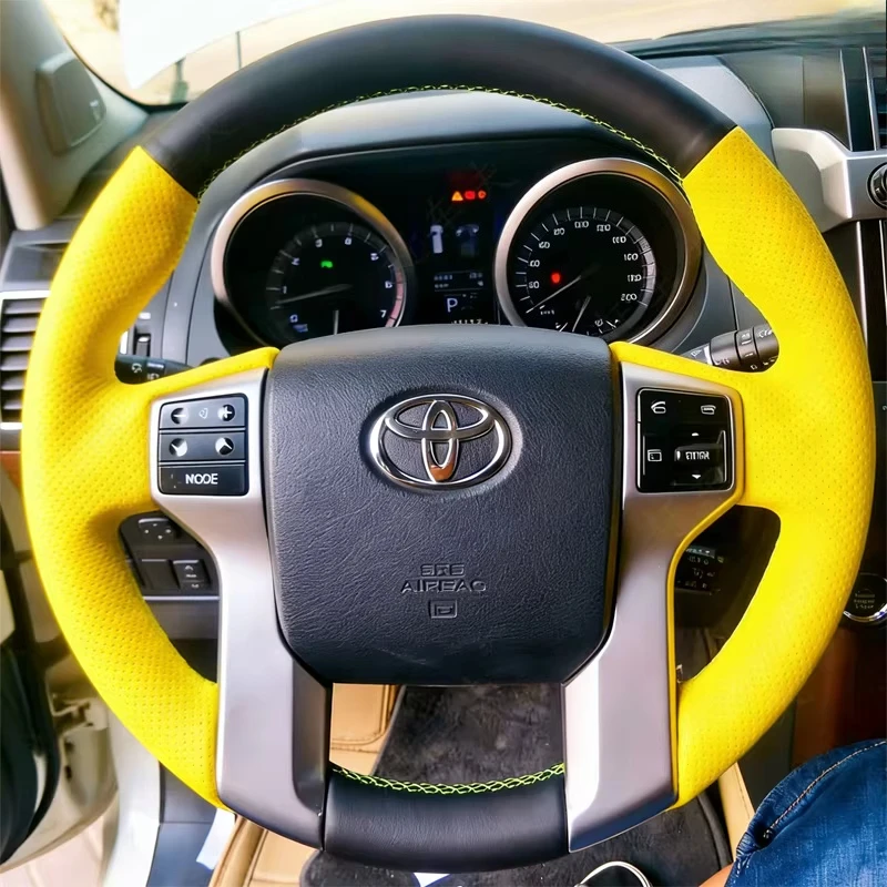 for Toyota Land Cruiser Prado 2010-2017 hand stitched non-slip Black yellow Genuine Leather Car Steering Wheel Cover