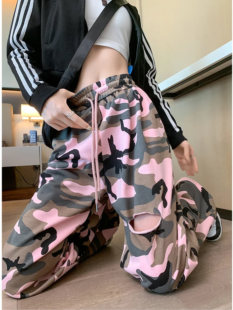 Women's Camo perforated Y2k Wide Legged Pants for Women with High Waist and Slimming Design Baggy denim Trouser Vintage Jeans