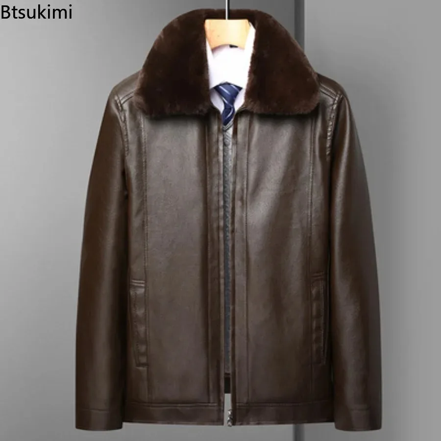 Men's Fur Collar Leather Jacket Oversize Winter Plush Thick Motorcycle PU Jacket Father Dad Outfit Black Faux Fur Collar Coats
