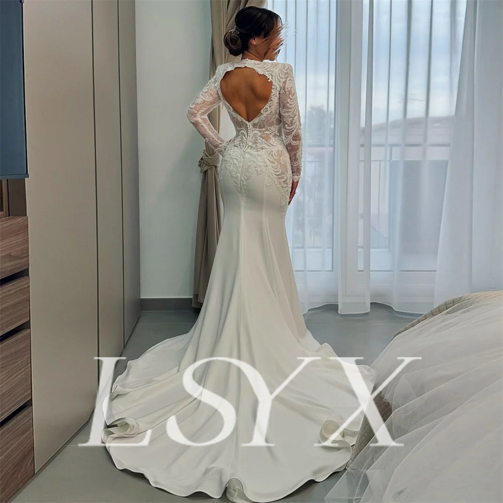 LSYX Deep V Neck Long Lace Sleeves Crepe Elegant Mermaid Wedding Dresses Cut Out Back Court Train Bridal Gown Custom Made