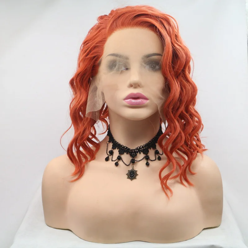 

Synthetic wig, hand-crocheted front lace, collarbone-length short curly hair, matte high-temperature fiber wigs
