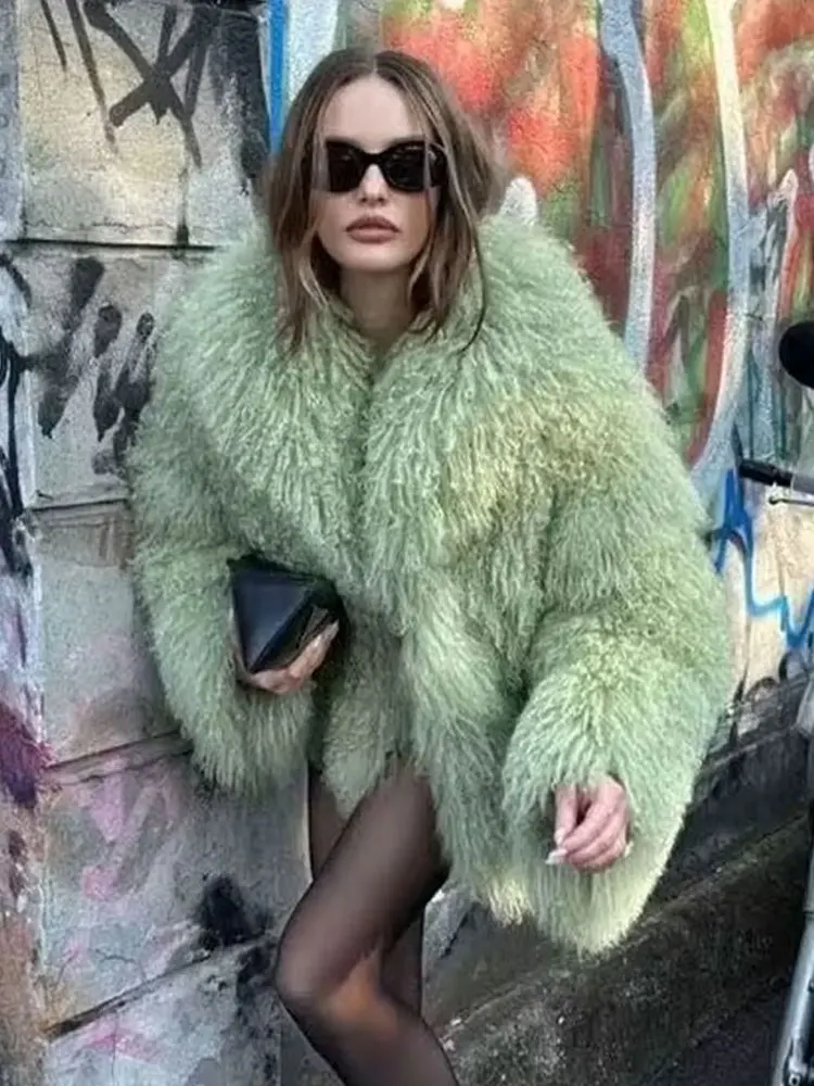 TRAFZA Zimowe Kobiece Modne Eleganckie Futrzane Płaszcze Casualowe Solidne Długie Rękawy Kołnierz 3-kolorowe Jesienne Ciepłe Szykowne Kurtki