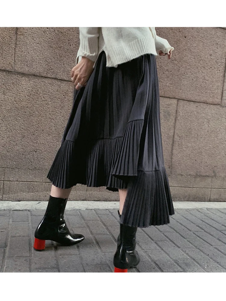 CHEERART Grey Black Long Pleated Skirt Women High Waist Irregular Skirt Swing Frill Autumn Midi Skirt Gothic