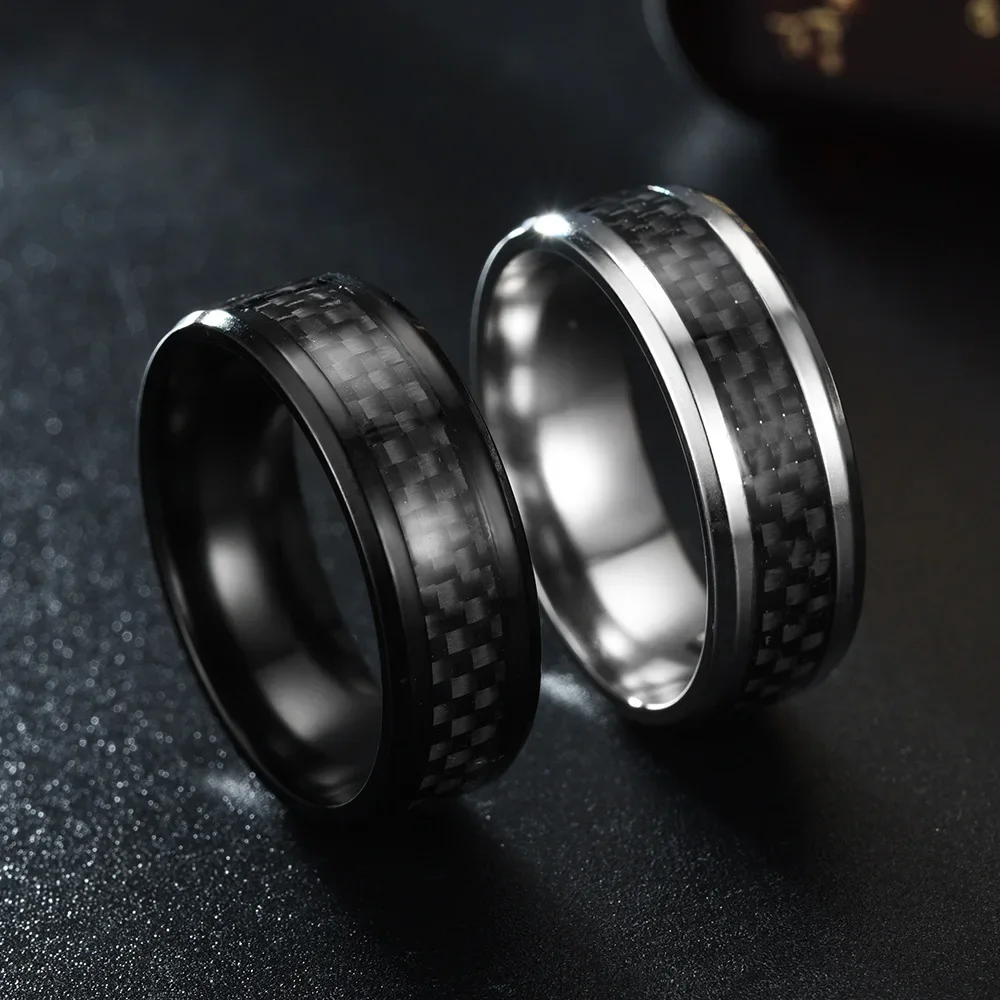 

8MM Men's 316L Stainless Steel Ring Inlay Black Carbon Fiber Wedding Band for Mens Party Fashion Charm Jewelry Gift Wholesale