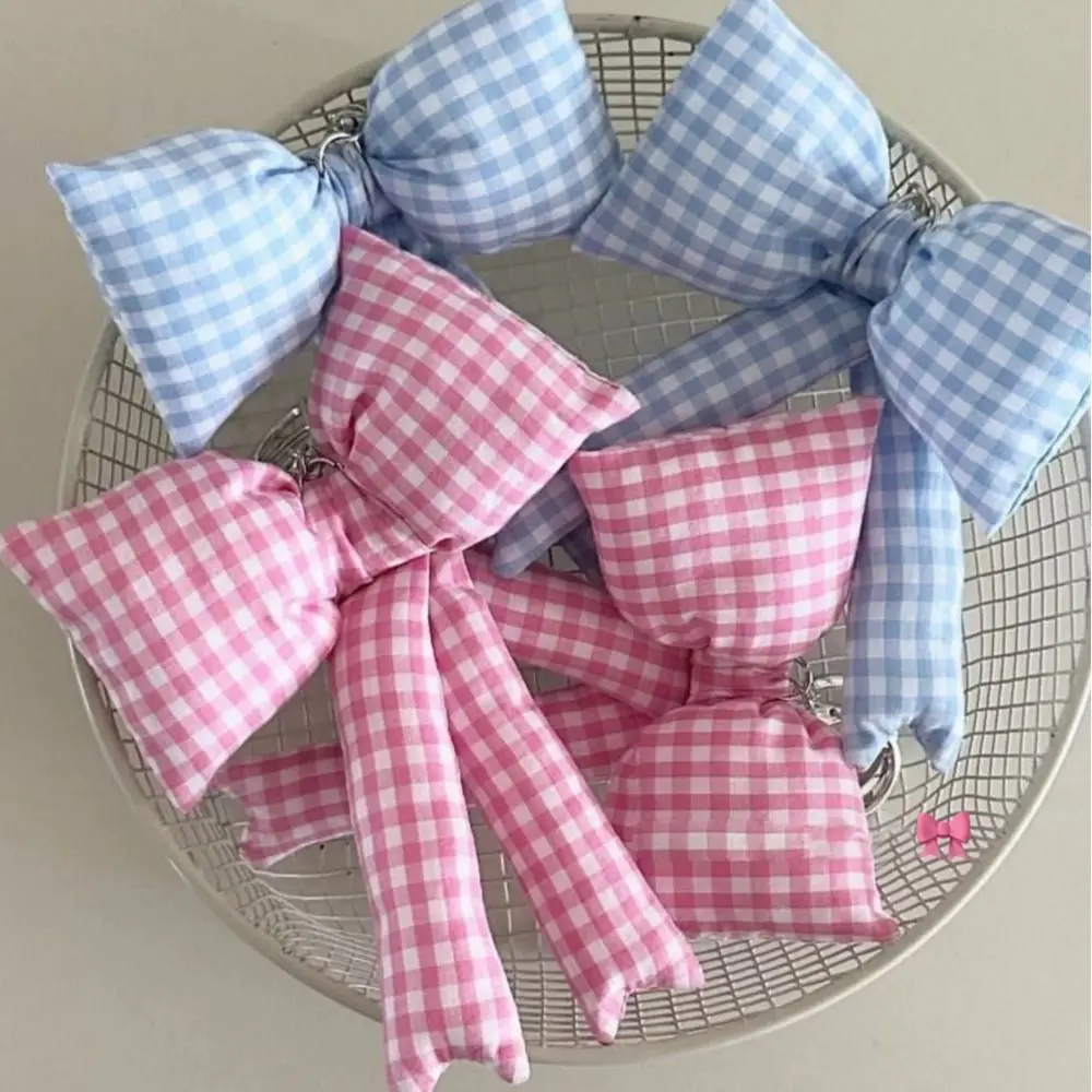 Y2K 3D Bowknot Keychain Backpack Pendant Keyring Accessories Puff Grid Bowknot Keychain Pink Color Cute Charm Backpack Pendant
