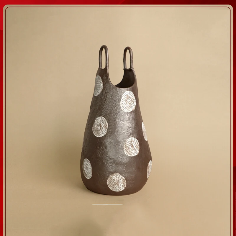 Hand-Made Brown Polka Dot Double Handle Ceramic Abstract Floral Simple Creative Designer Art Vase Flower Arrangement Ornaments