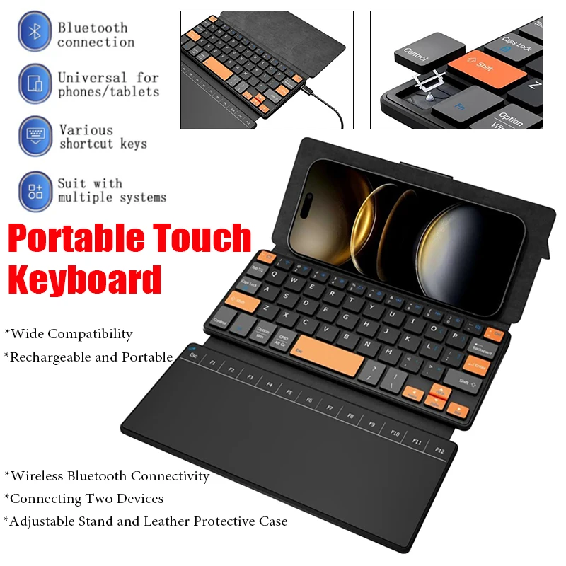 Portable Wireless Bluetooth Touch Keyboard Rechargeable Foldable Leather Case Stand Mini Keyboard for Office and Business Trips