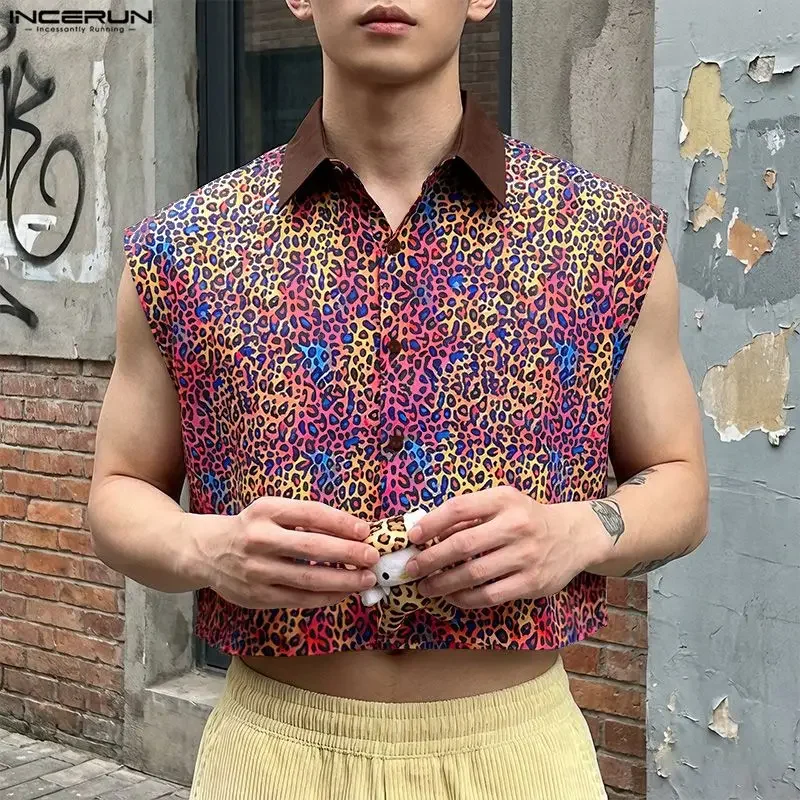 INCERUN Men's Shirt Printing Patchwork Lapel Sleeveless Male Crop Tops Summer Streetwear Loose 2026 Stylish Casual Men Clothes