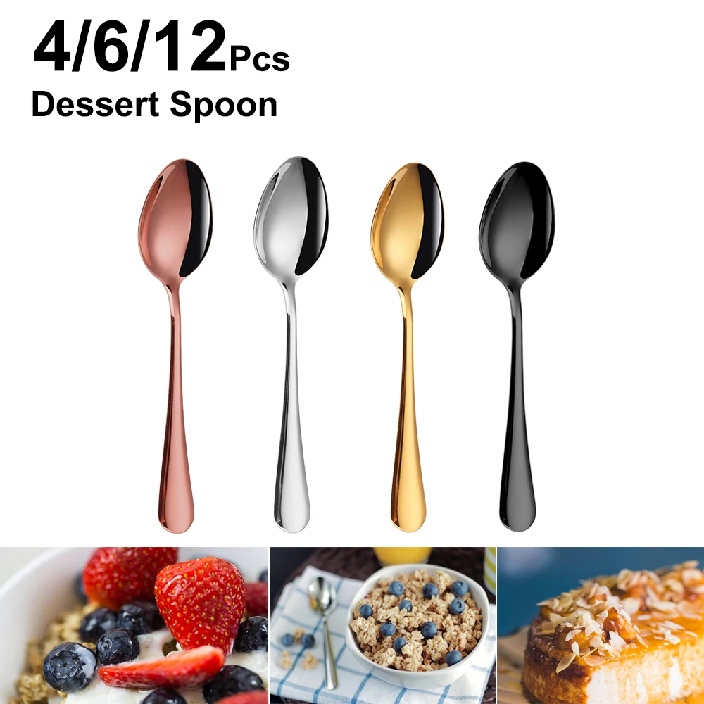 4/6/12Pcs Sliver Dessert Spoons Stainless Steel Gold Spoon Set Cake Snack Salad Spoon Mirror Black Thin Cutlery Simple Tableware