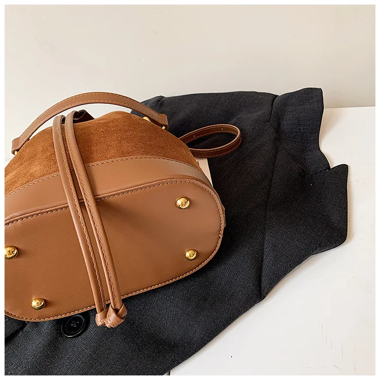 Suede Women Handbag drawstring bucket Shoulder Bag small vintage Style Ladies messenger Crossbody bag for Work Commute Casual