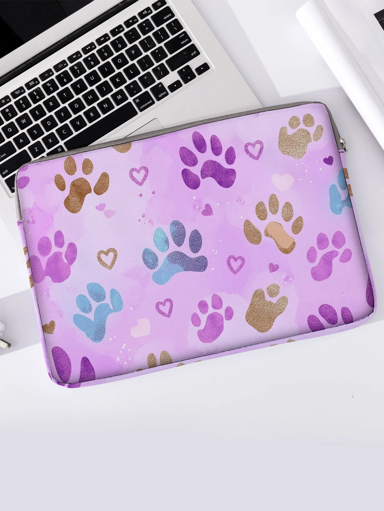 One Set, Two Styles, Colorful Paw Prints Pattern Printed Laptop Sleeve, Briefcase, Suitable for 14-inch Laptops