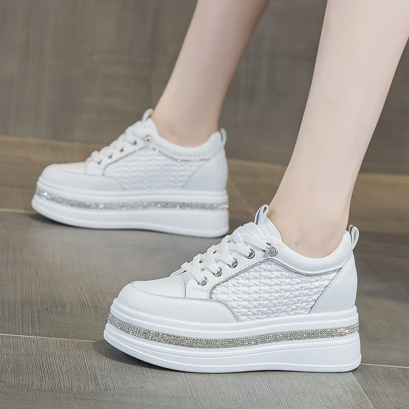 7.5cm Genuine Leather White Shoes Women Casual Shoes White Platform Sneakers for Women Fashion Sneakers Walking Shoes