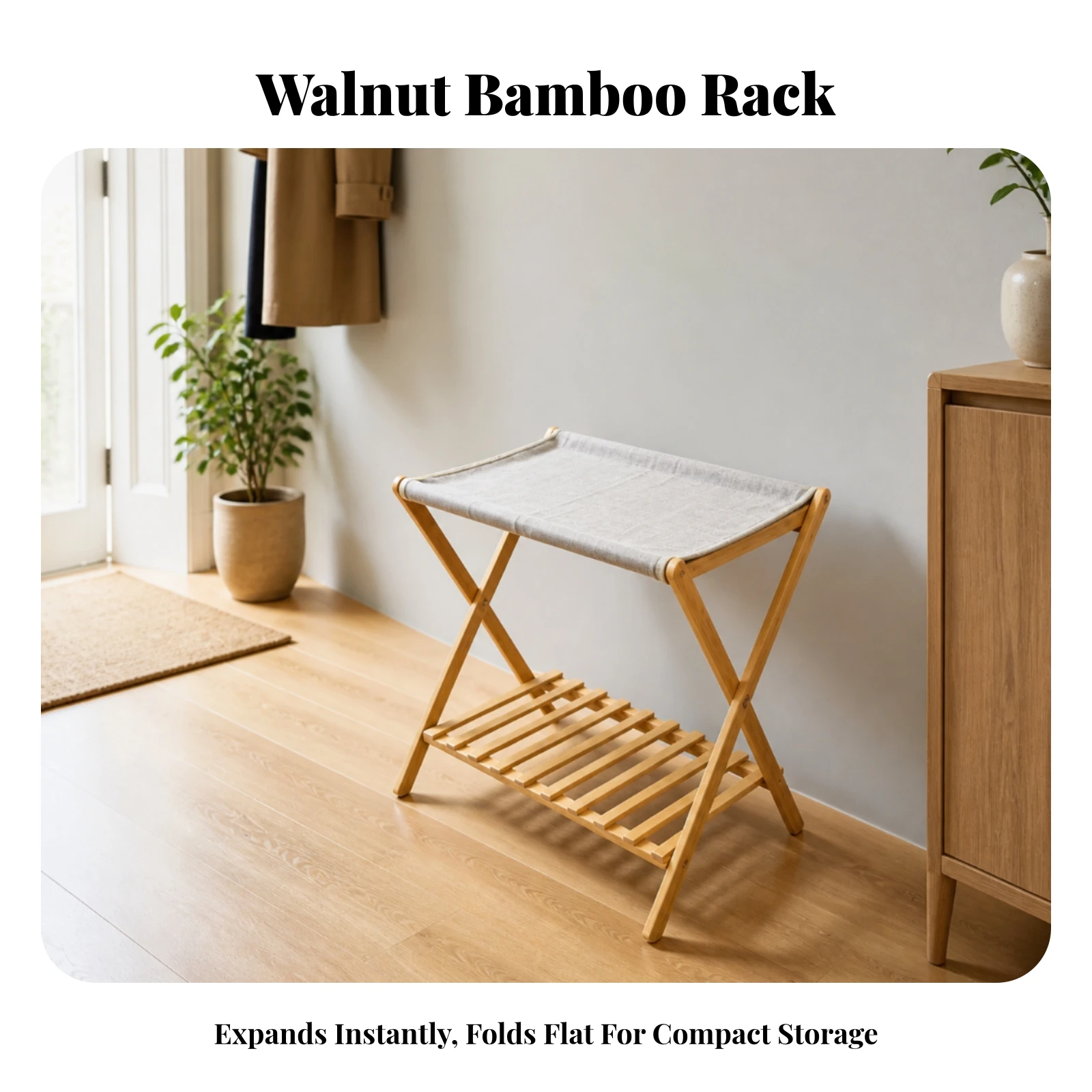 Bamboo Luggage Rack with Shelf Easy to Assemble Luggage Rack with Storage Shelf Folding Suitcase Stand Long-Lasting for Guests