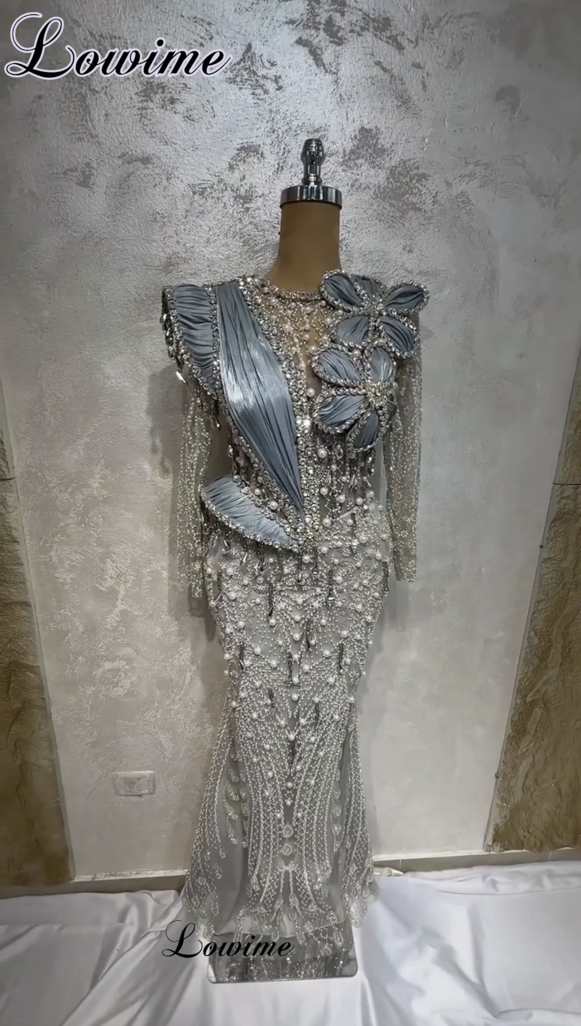 

New Fashion Silver Evening Dresses Pearls Formal Occasion Dresses Mermaid Long Sleeves Prom Dresses robes de soirée Customized