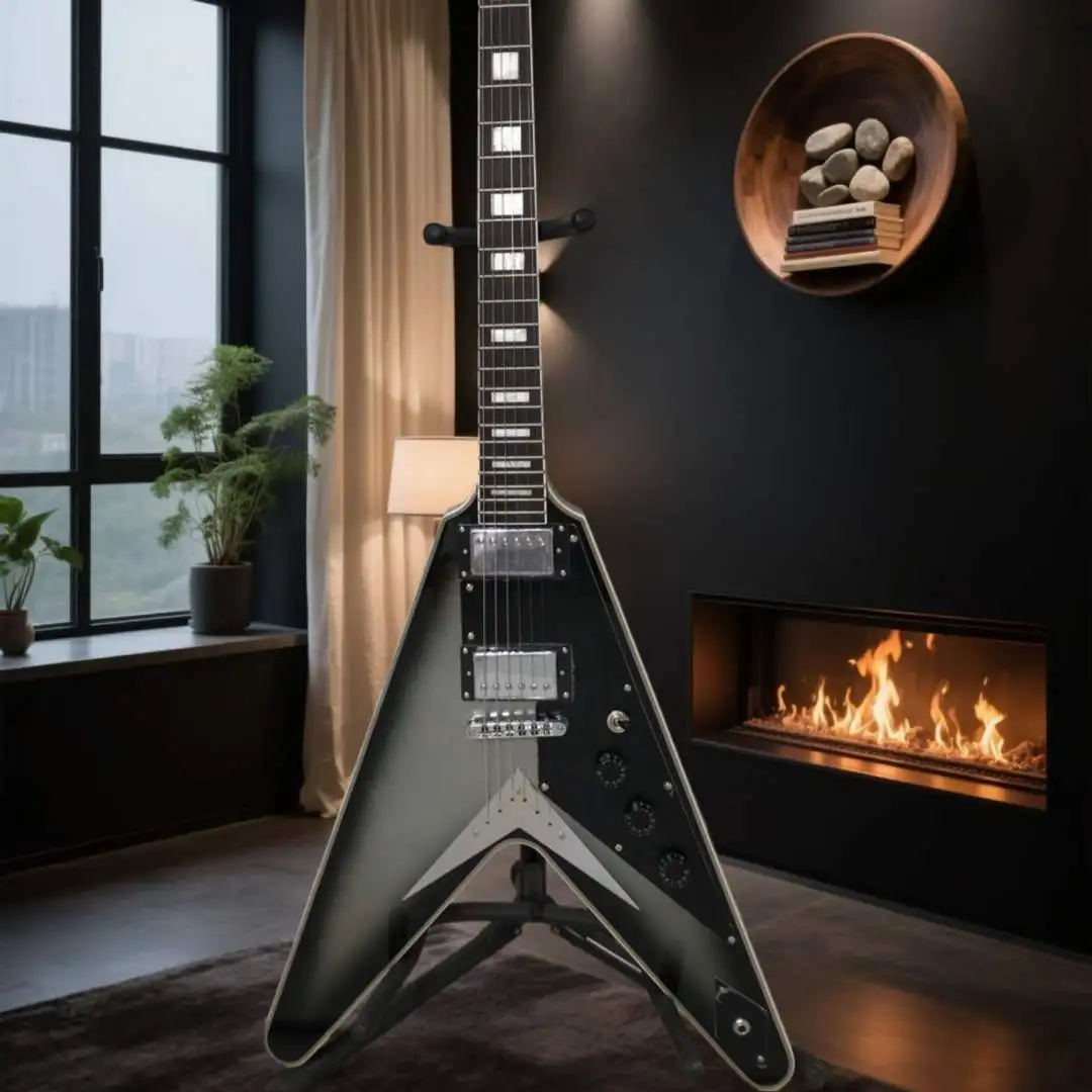 Two Tone Matte Black Flying VGO Guitar Dual Humbucker Heavy Metal Hard Rock Tone Rich Sustain Studio Recording Ready