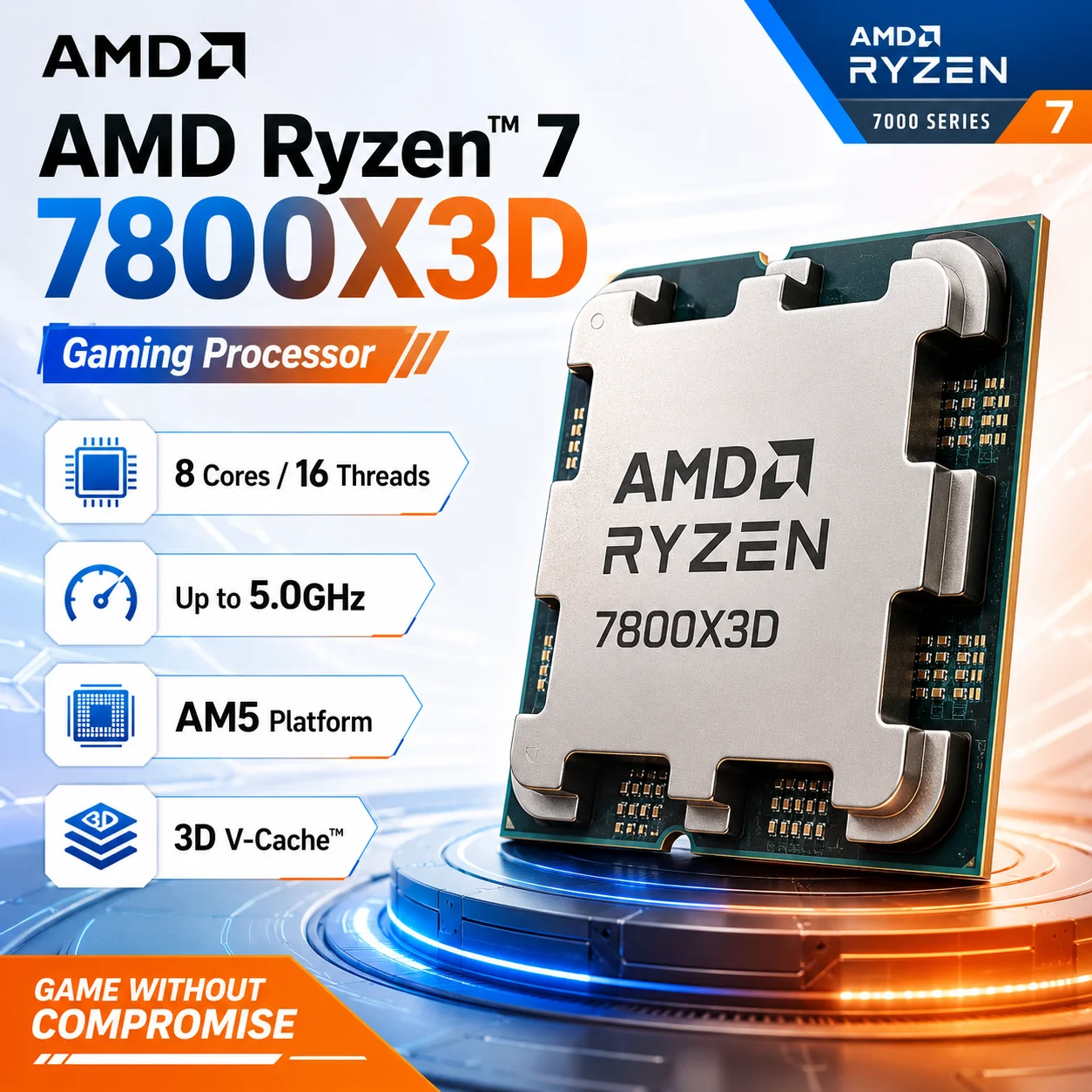 Image of AMD Ryzen 7 7800X3D CPU 8-Kern 16-Thread AM5 Prozessor 4,2GHz bis zu 5,0GHz 96MB L3 Cache Gaming Desktop CPU Tray