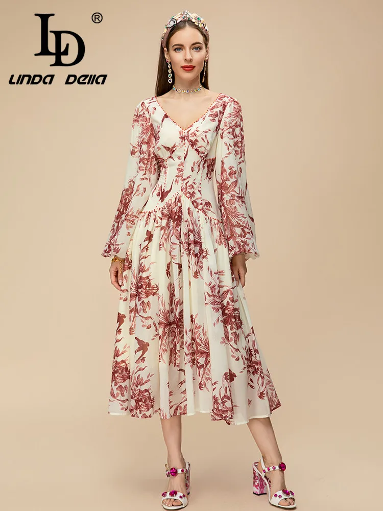 

LD LINDA DELLA 2023 New Style Runway Designer Vintage Dress Women's V-Neck Beading High Waist Print Crumple Long Dress