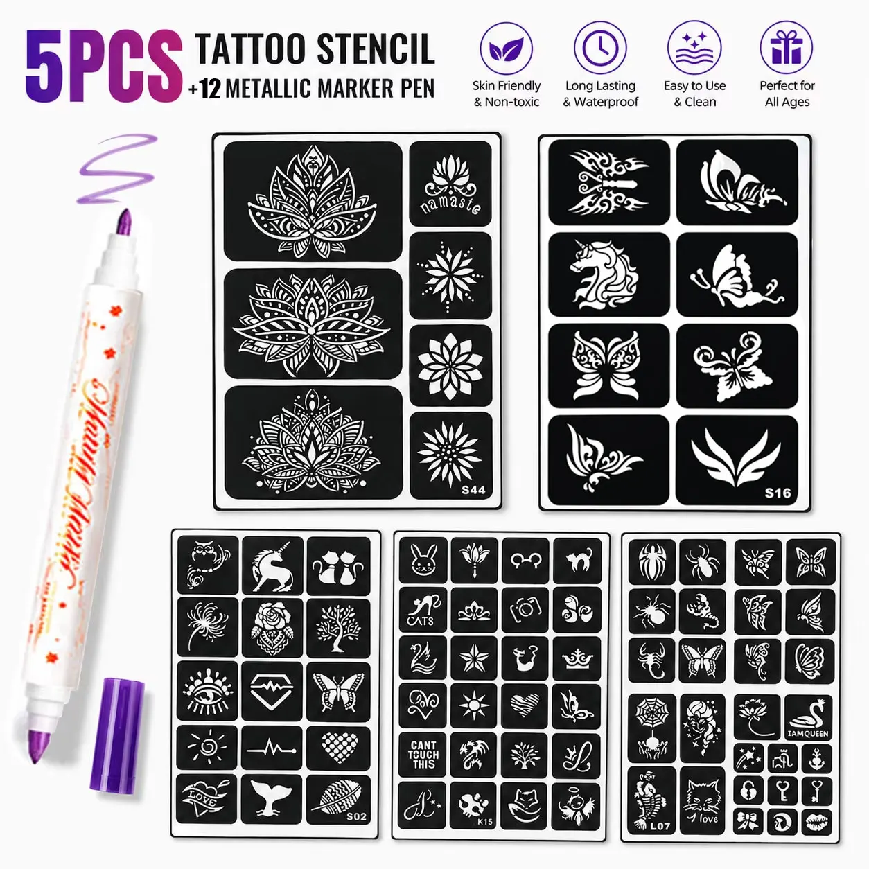 Temporary Tattoo Markers Pen 12 Colors with 5 Stencils Set for Bold And Fine Lines The Body Face Long-Lasting Colors Dual-Ended