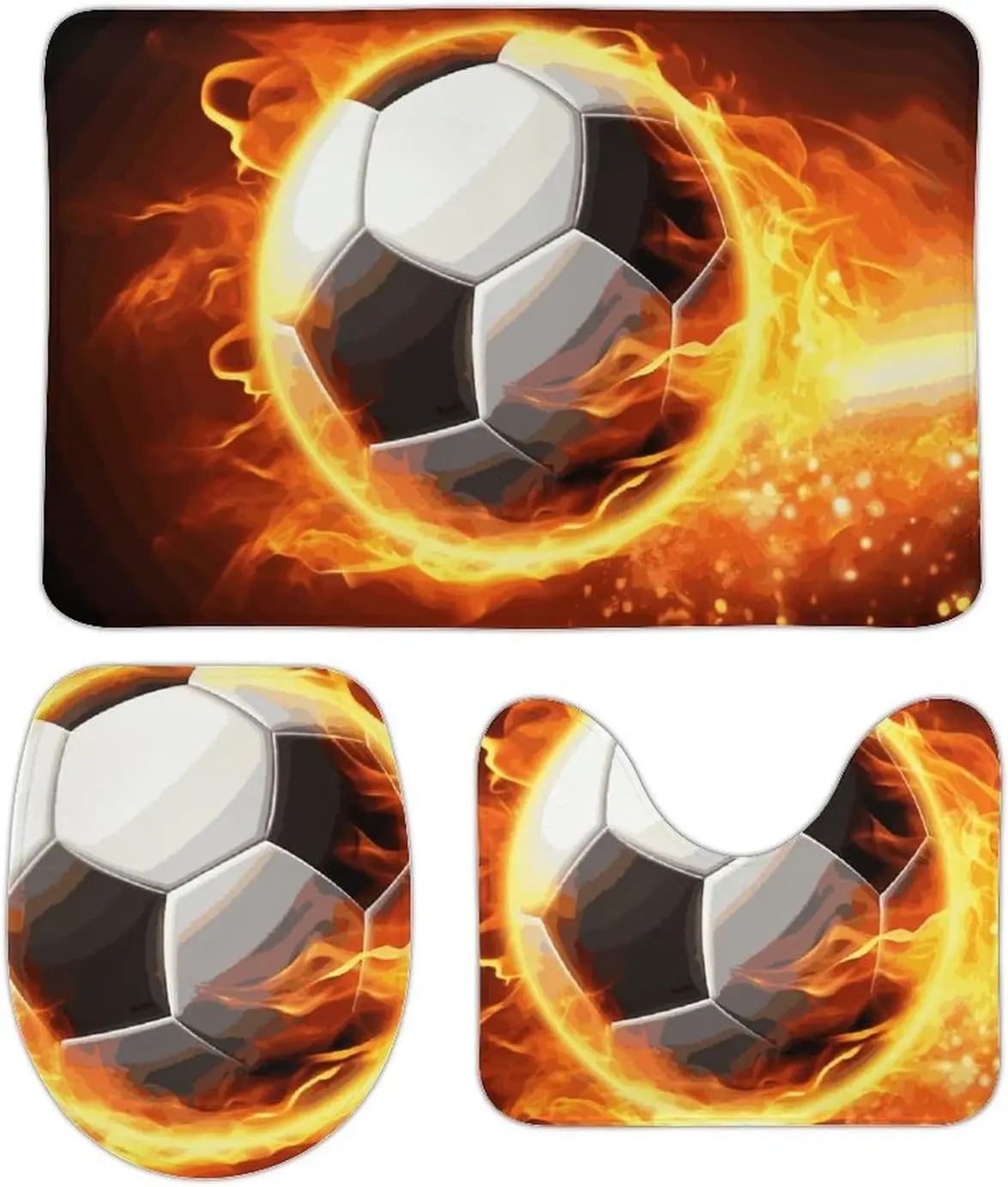 3 Piece Bath Rug Set Non Slip Absorbent Bath Mat Contour Mat with Toilet Lid Cover Soccer Flame Soft Floor Mats for Bathroom