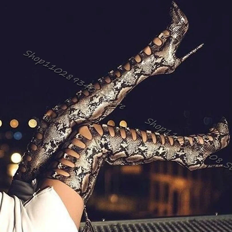 

Hollow Snakeskin Knee Boots Back Zipper Pointed Toe Stiletto High Heels Sandal Boots Women Sexy Shoes 2023 Zapatos Para Mujere