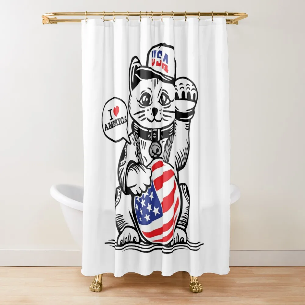 Lucky Cat Shower Curtain, Japanese Lucky Cat Lucky Cat Gold Coin Bathroom Bath Decor Polyester Fabric Shower Curtains with Hooks