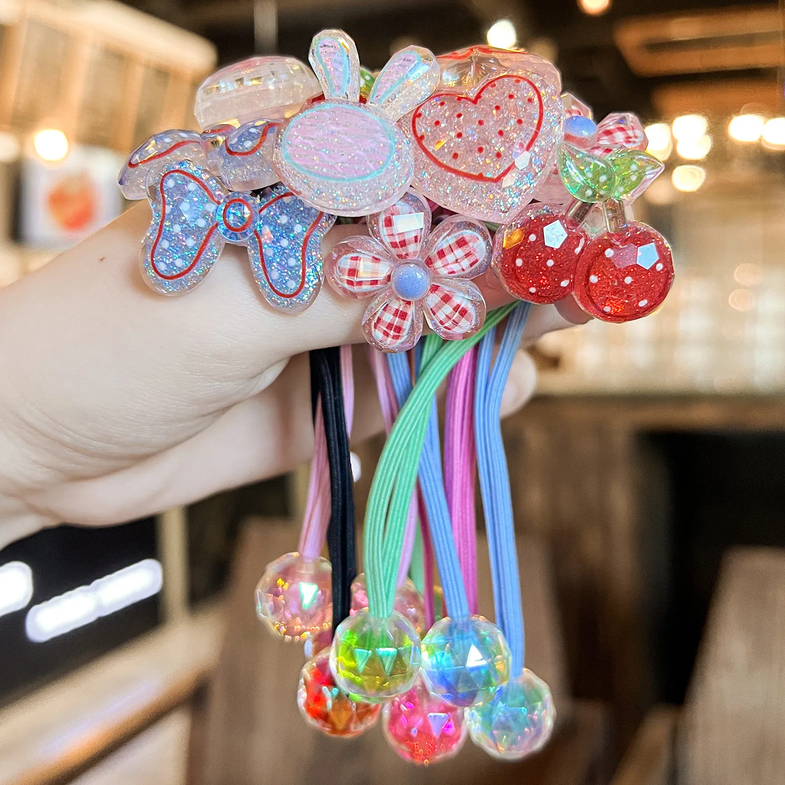 Cartoon Flat Elastic Hair Bands for Toddler Girls Bright Faceted Bead Ponytail Ties Strong Grip Non Crease Daily Wear