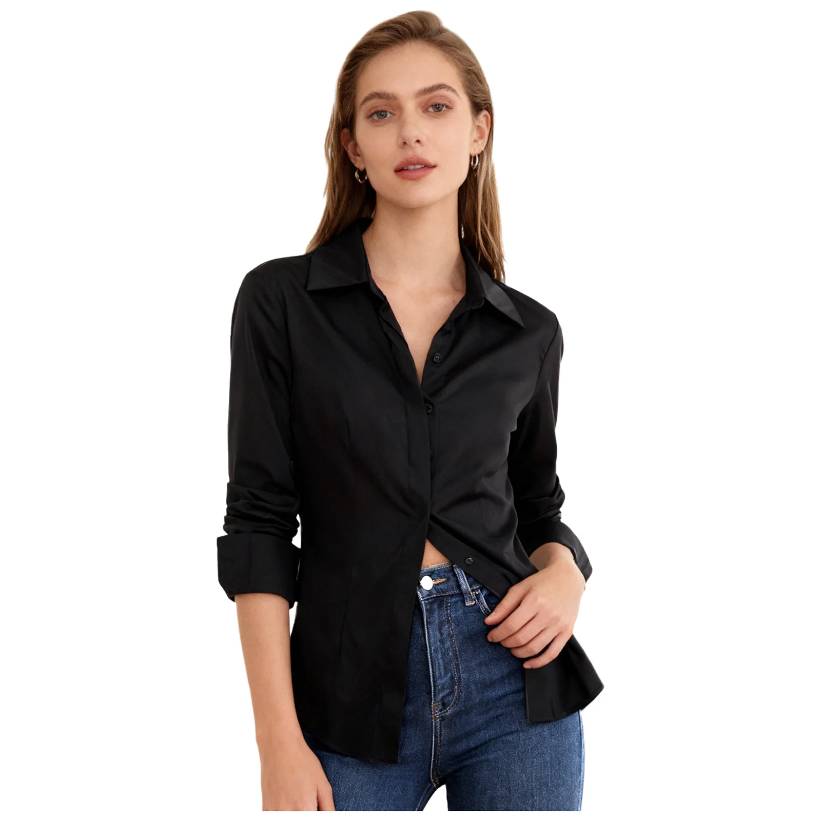 Camisas femininas ol camisa de manga longa lapela botão para baixo blusa femme rendas voltar magro básico topos trabalho de negócios roupas femininas do escritório