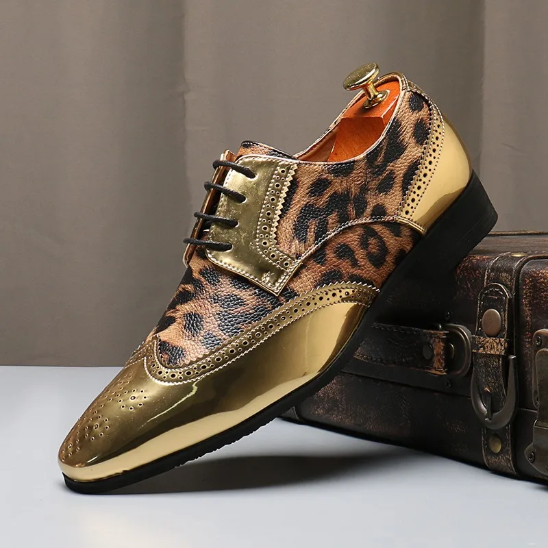 designer leopard brogue shoes man oxfords formal shoes man wedding dress office italian derby shoes casual business gold silver
