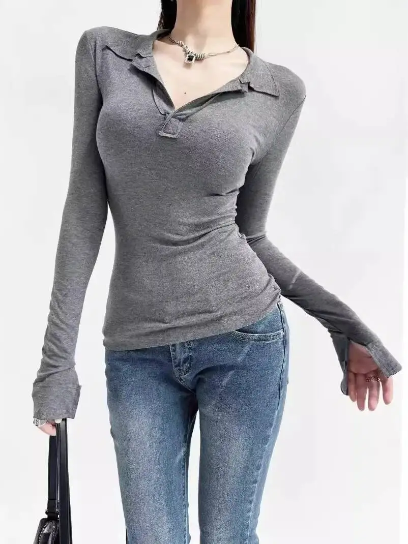 

2026 Autumn/winter New V-neck Long Sleeve Pullover Women Cinching Waist Solid Color Slim Casual Versatile Short Top IG2B