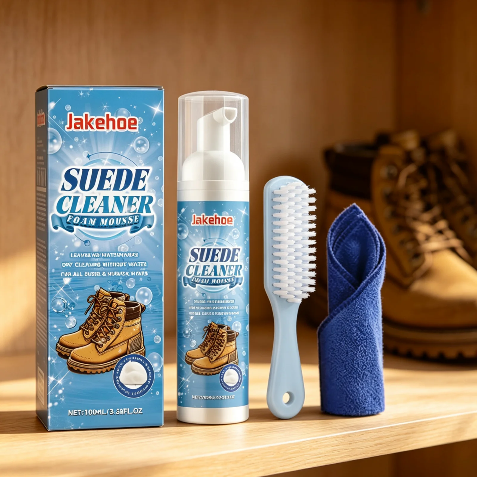 Jakehoe Suede Cleaner Powerful Cleaning Remove Stubborn Stains No Need Washing Suede Cleaner Foam Mousse with Brush Towel 100ml
