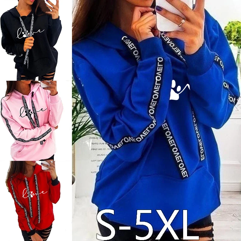 Autumn Fashion Women Casual Long Sleeve Letter Print Sport Hooded Sweatshirt Plus Size Pullover Tops Sweater