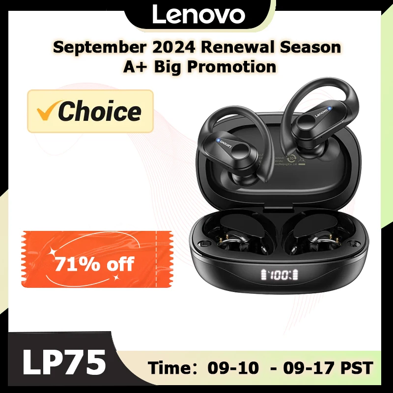 Choice Lenovo LP75 TWS Sports Earphones Bluetooth 5.3 Wireless Headphones Waterproof HiFi Stereo Noise Reduction Earbuds