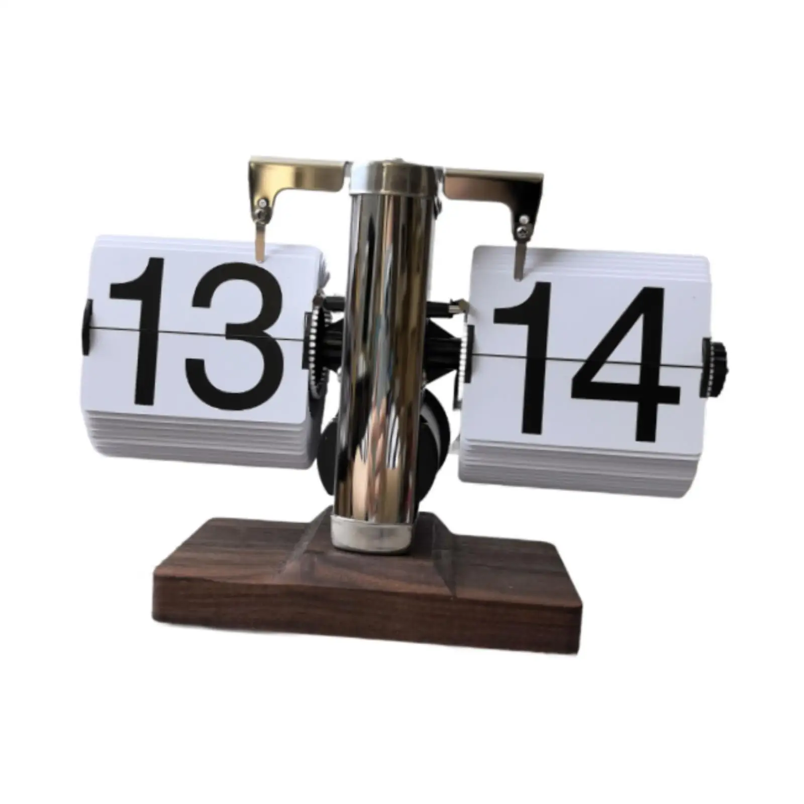 Flip Desk Clock with Wood Base Mechanical Page Turning for Cafe Desktop Home Metal and White