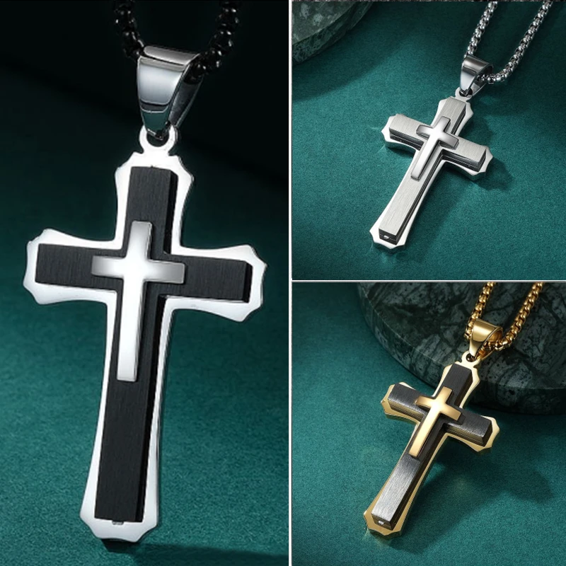 Fashionable Three-layer Gold-plated Cross Necklace Jesus Cross Pendant Hip-hop Necklaces for Men Cross Jewelry Anniversary Gift