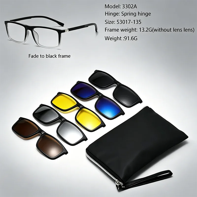 Magnetic Sunglasses With 6 in 1 Black Polarized Clips, 5 Customizable Magnet Clips, 3302A Gradul Grey White Frame Glasses
