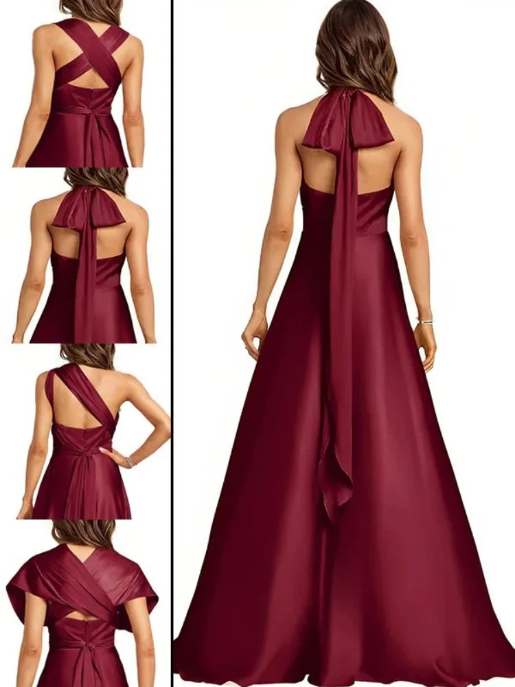 Vestido de dama de honor Convertible de línea a de satén, longitud hasta el suelo, cuello en V, Halter sin mangas, espalda descubierta Simple, vestidos largos hasta el suelo con abertura