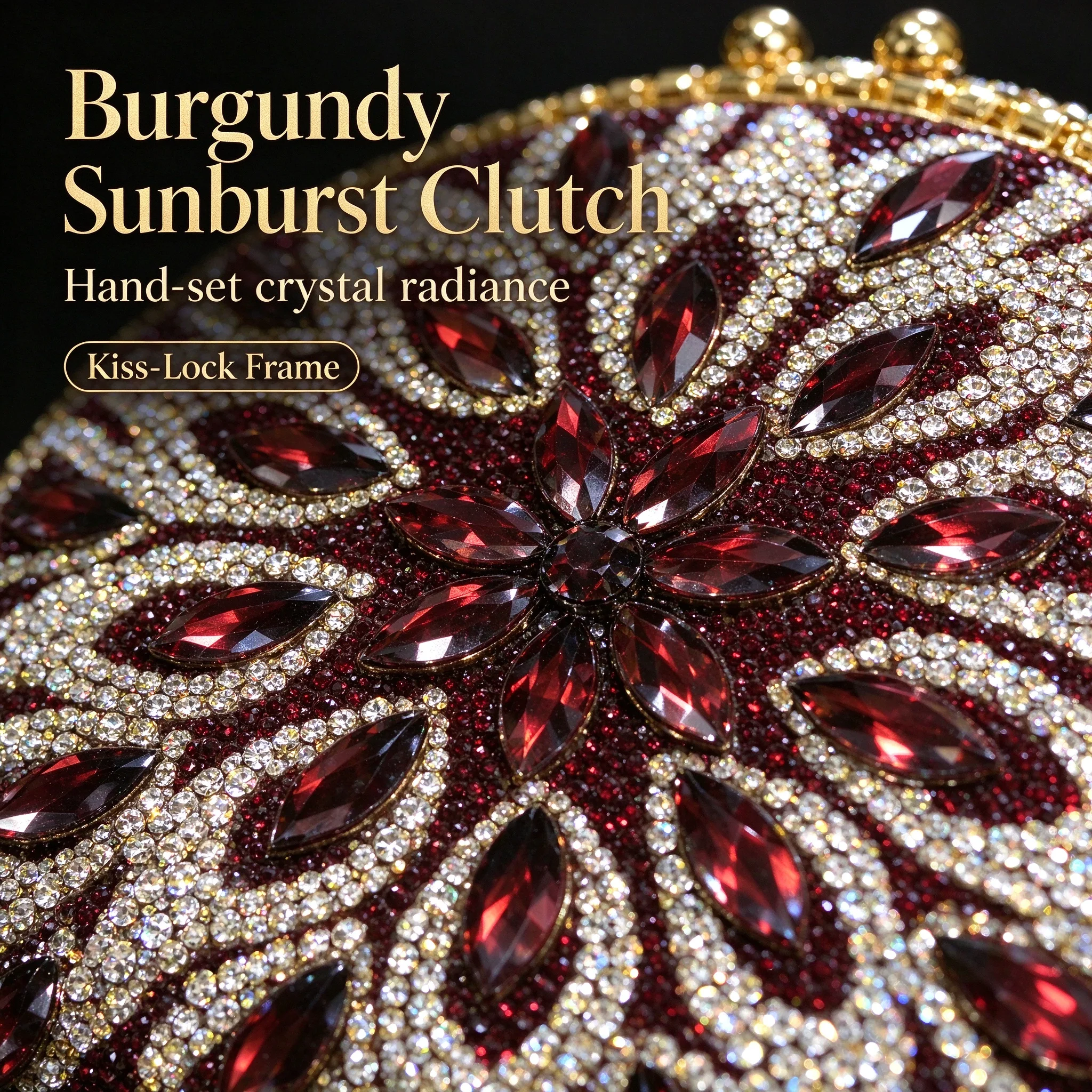 Burgundy Crystal Rhinestone Clutch for Women Kiss-Lock Evening Bag Gold Chain Wedding Prom Cocktail Purse