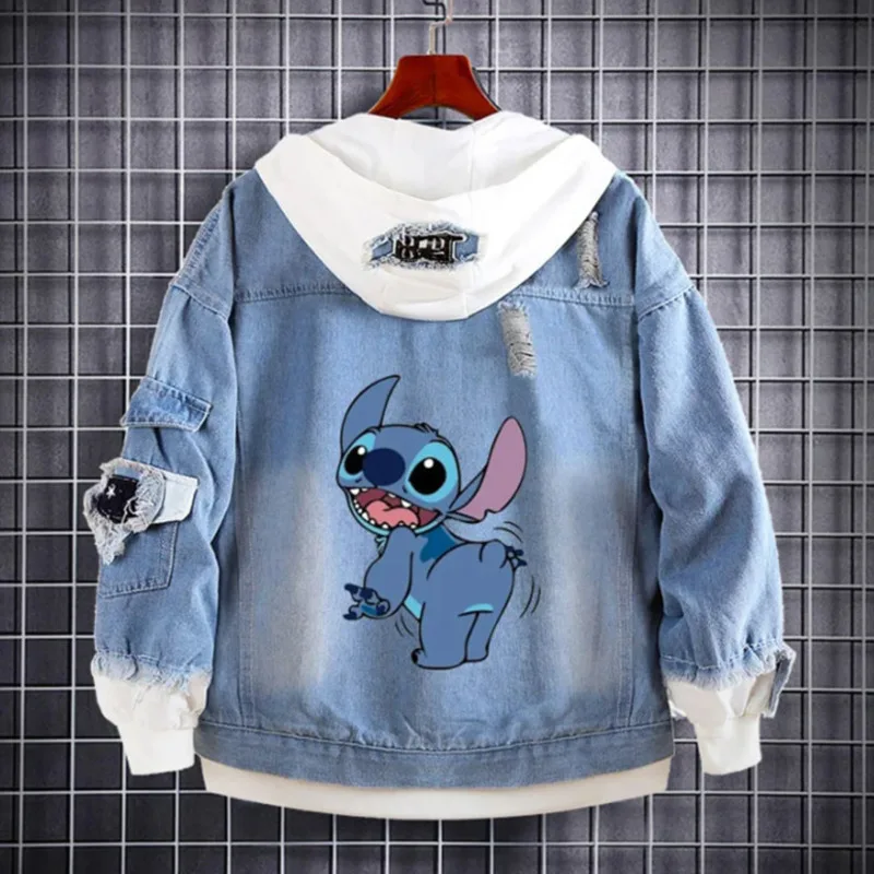 Sanrio Disney Stitch Retro Denim Jackets Cartoon Printed Cute Sweatshirts Kids Streetwear Hooded Coats Harajuku Jackets For Men