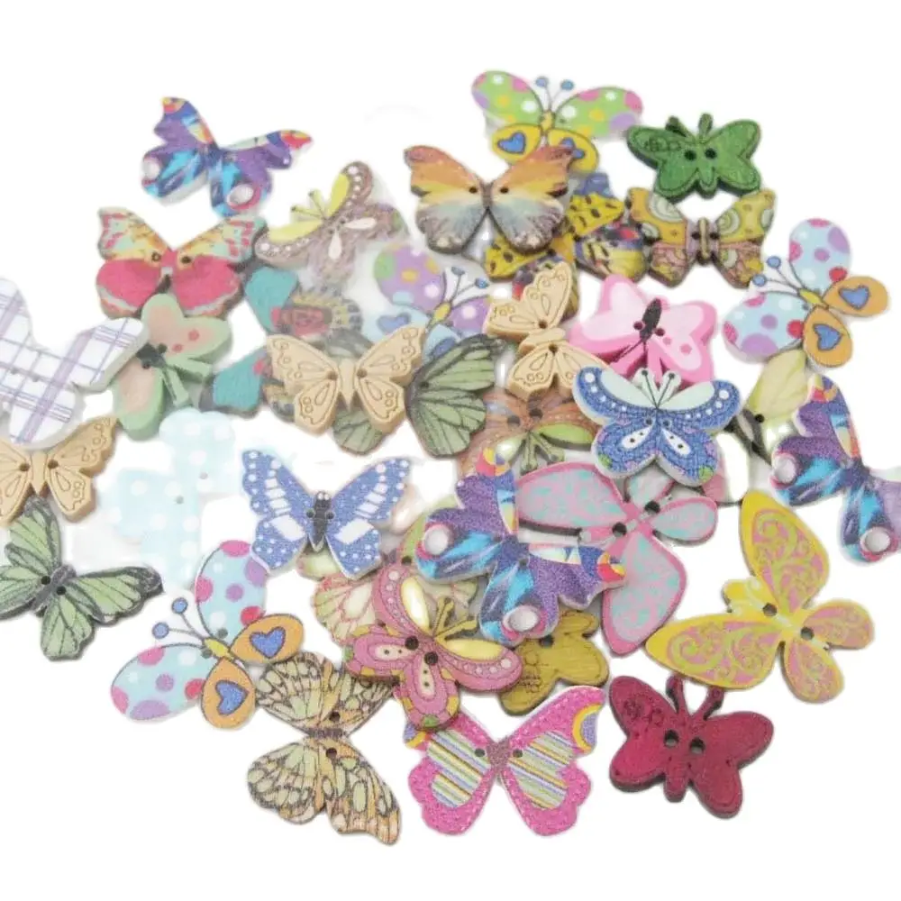 WBNSVS Fashion Wooden Butterfly Buttons Mixed 50Pcs DIY Sewing Scrapbooking Craft Accessories Button