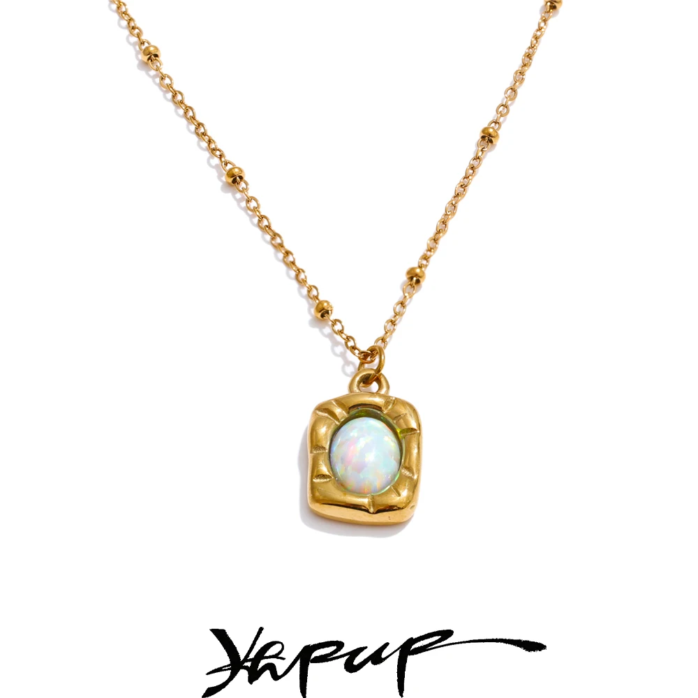 Yhpup Hochwertige Nachahmung Australischer Opal Stein Rechteck Anhänger Halskette 316L Edelstahl Eingetroffen Kragen Schmuck