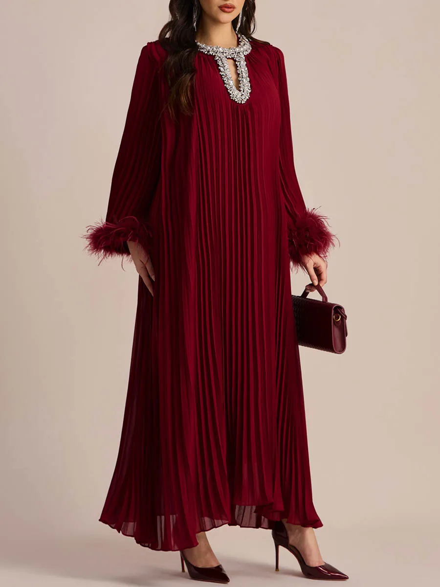 VGH Fashion Spliced Feathers Loose Chic Dress For Women O Neck Long Sleeve Hollow Out Patchwork Diamonds Pleated Dresses Female