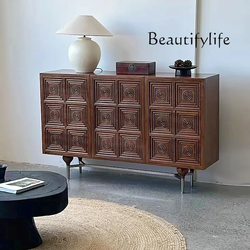 

French retro solid wood dining side cabinet medieval wabi style living room American carved entrance chest