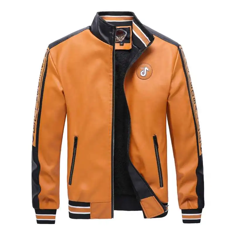 

New Casual Men's Leather Jaet No Ironing Required Long Zipper Stand Collar Splice Color Faion Fake Leather Coat