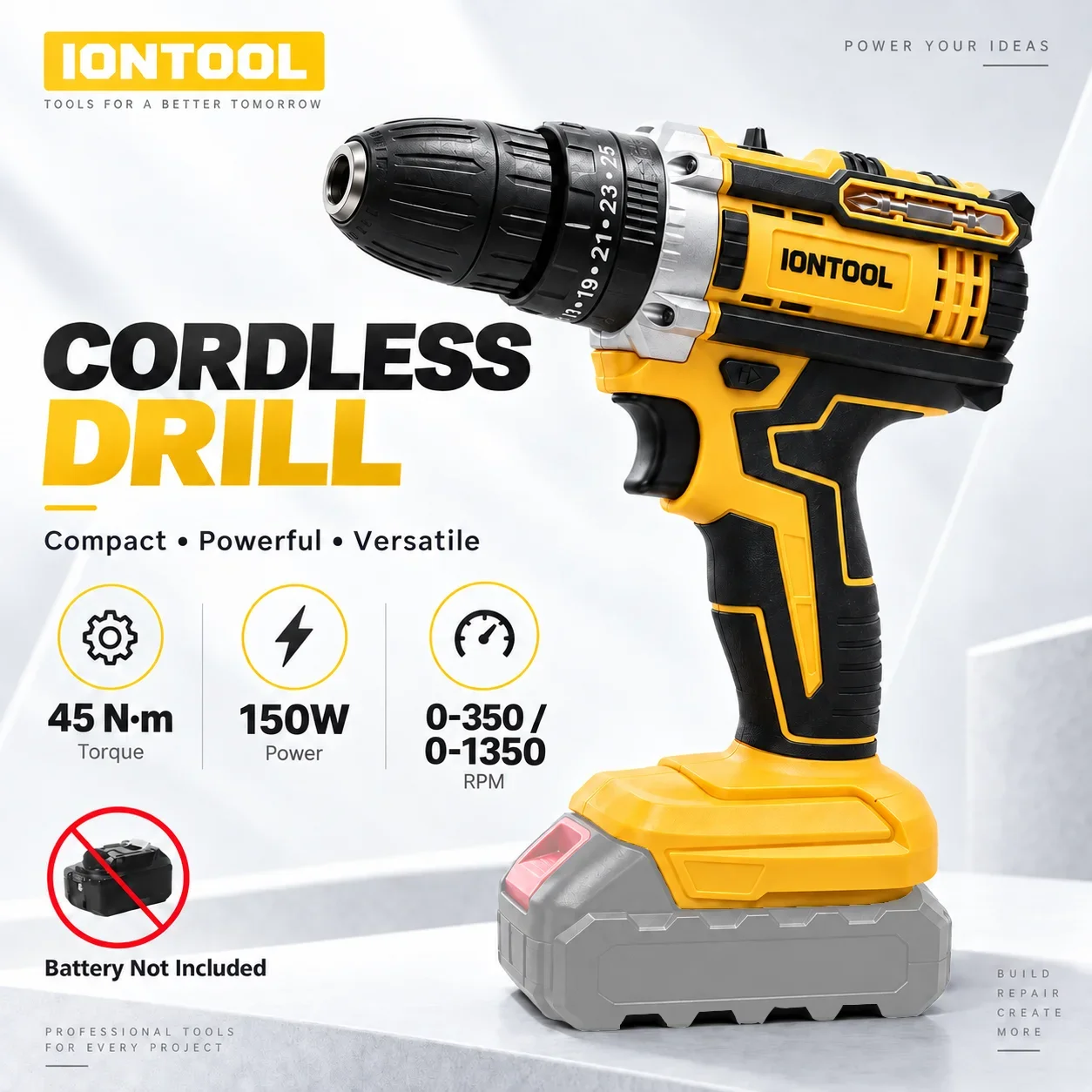 IONTOOL Portable Yellow Cordless Drill 150W For Metal Drilling and Wood Boring and Plastic Cutting and Cabinet Fastening