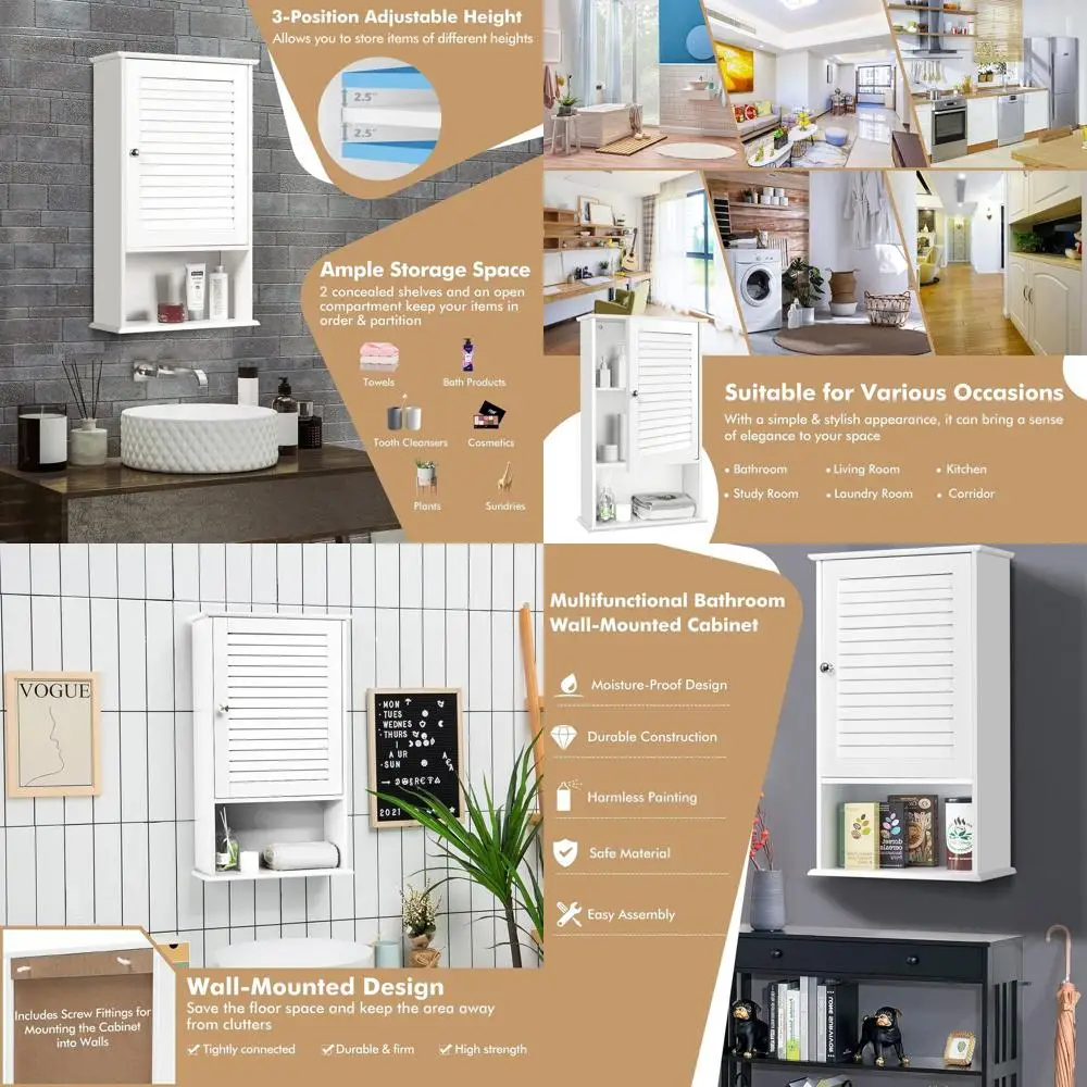 

White Wall-Mounted Single Door Cabinet with Adjustable Shelf, 16.5x6.5x27.5 - Ideal for Bathroom, Living Room, Kitchen, or Entry